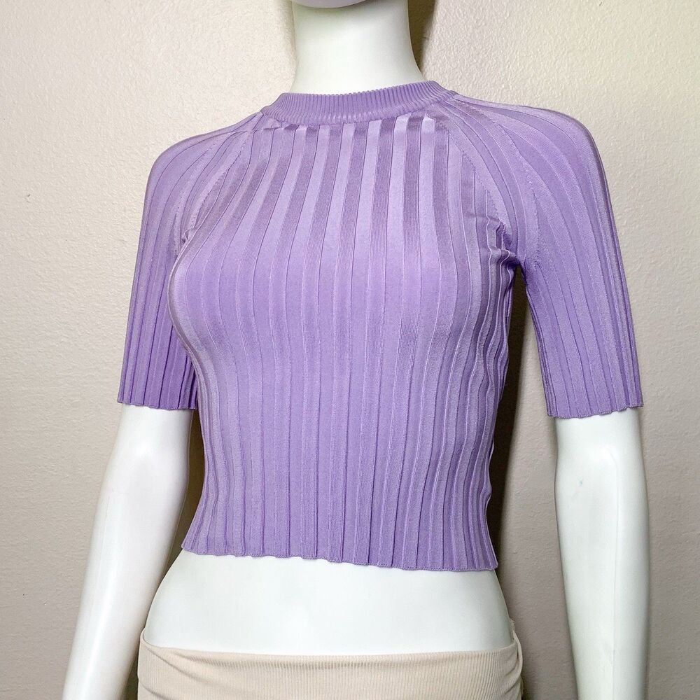 MSGM Knit Ribbed Plisse Top S Twist-Back Lavender Purple Short Sleeve Cropped